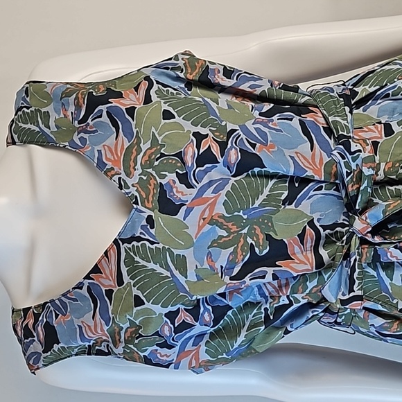 NWT LL Bean Signature 100% Cotton Poplin Blue Tropical Print V Neck Dress - Picture 3 of 16